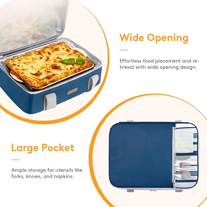 LUNCIA Insulated Casserole Carrier for Hot or Cold Food, Lasagna Lugger Tote for Potluck Parties/Picnic/Cookouts, Fits 9"×13" Baking Dish, Dark Blue