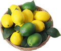 Fake Fruit Artificial Lemons 24 Pcs, Faux Lemon Leaves 12 Pcs Lifelike Fake Lemon Decor for Kitchen Table Cabinet Party Plastic Fruits Photography Prop