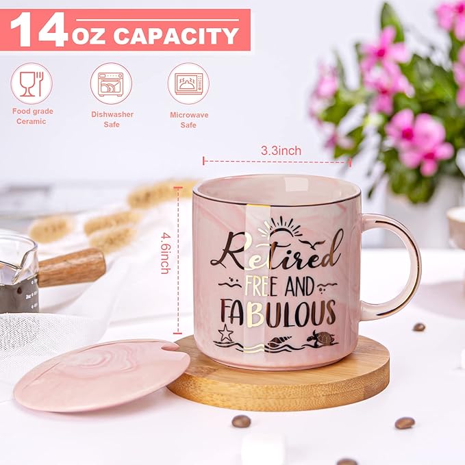 Retirement Gift for Woman 2025 - Retirement Gifts for Women, Coworker Leaving, Farewell, Going Away, Goodbye Gifts, Retired Free And Fabulous -14oz Pink Marble Coffee Mug, Gift Box