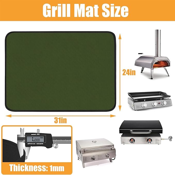 24x31in Heat Resistant Grill Mats for Outdoor Grill to Protect Your Prep Table and Outdoor Grill Table - Fire Proof & Water Proof & Oil Proof BBQ Mat - Green（1mm）