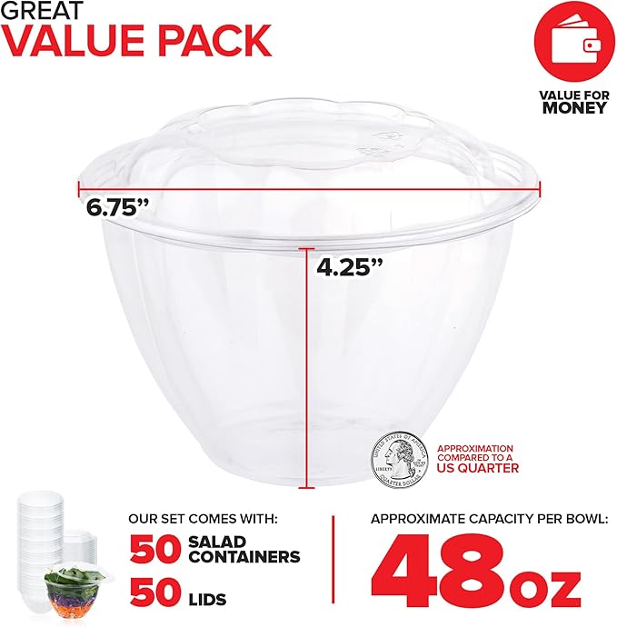 Stock Your Home Plastic Bowls with Lids (50 Count) 48 Oz. Disposable To-Go Containers – Large Airtight Bowls for Dinner or On-the-Go Meals