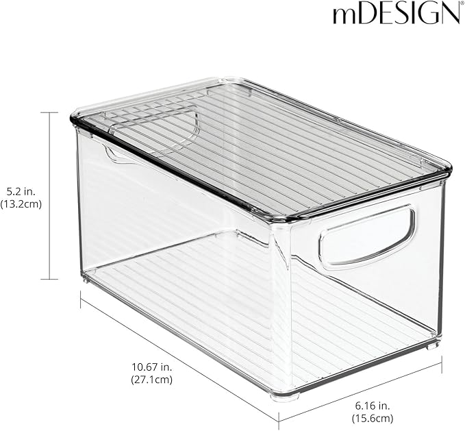mDesign Plastic Deep Storage Bin Box Container with Lid and Built-In Handles - Organization for Fruit, Snacks, or Food in Kitchen Pantry, Cabinet, Cupboard, Ligne Collection, 2 Pack, Clear/Smoke Gray