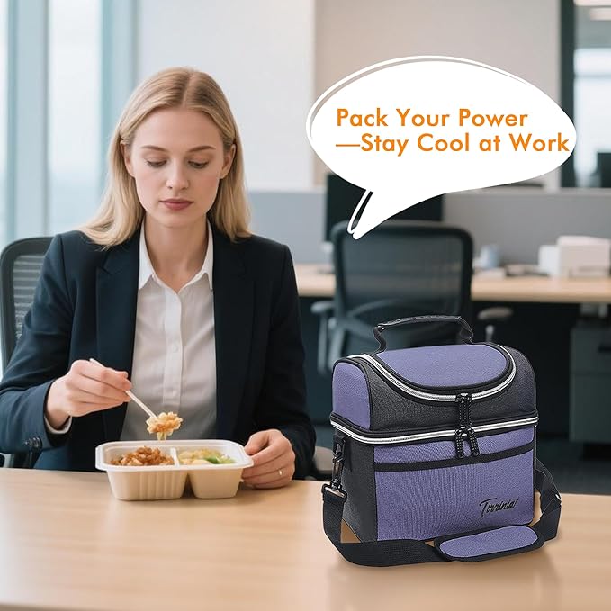 Tirrinia Reusable Lunch Box for Men Women, Insulated Lunch Bag Adult Work, Double Decker Leakproof Lunchbox for Office Picnic Beach—Dual Compartment Lunch Cooler Bag,Purple