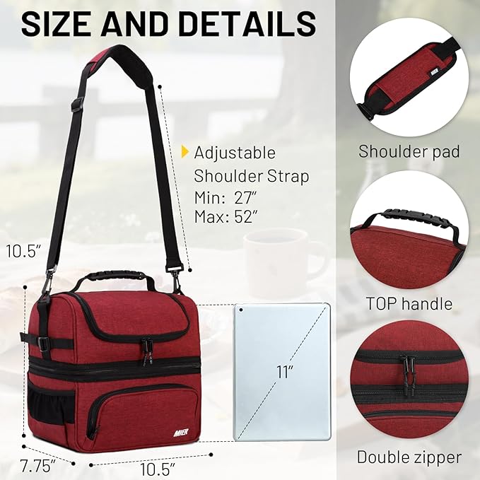 MIER Dual Compartment Lunch Bag Tote with Shoulder Strap for Men and Women Insulated Leakproof Cooler Bag, Dark Red