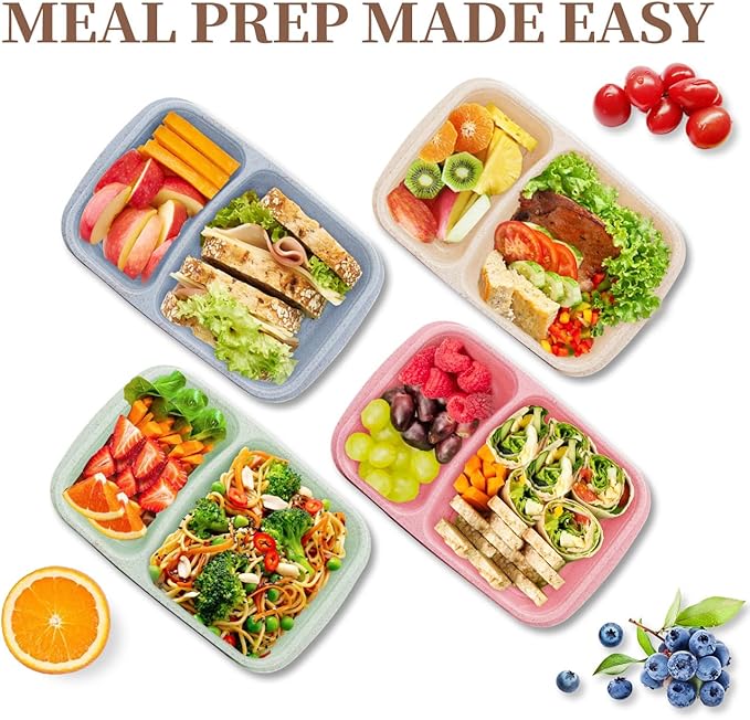 4 pack Bento Lunch Box, 2 Compartments Meal-Prep Containers with Lids, Microwave & Dishwasher Safe, Reusable Divided Food Food Storage Containers -Stackable for Travel, School and Work
