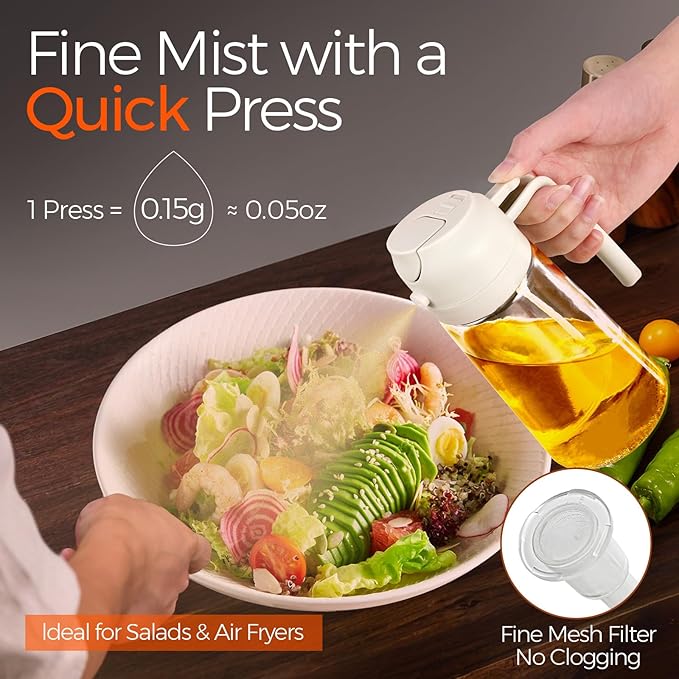 YARRAMATE 16oz/470ml Glass Olive Oil Sprayer for Cooking with Stickers, 2 in 1 Oil Dispenser for Kitchen Gadgets, Food Grade Premium Spray Bottle for Salad, Frying, BBQ (Creamy White)