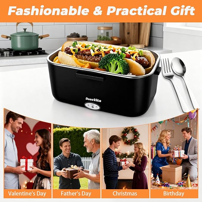 Electric Lunch Box for Adults, 80W Heated Lunch Box, 1.5L Stainless Steel Container | 12V/24V (Car/Truck) & 110V (Office/Home) | with Fork&Spoon and Insulated Carry Bag