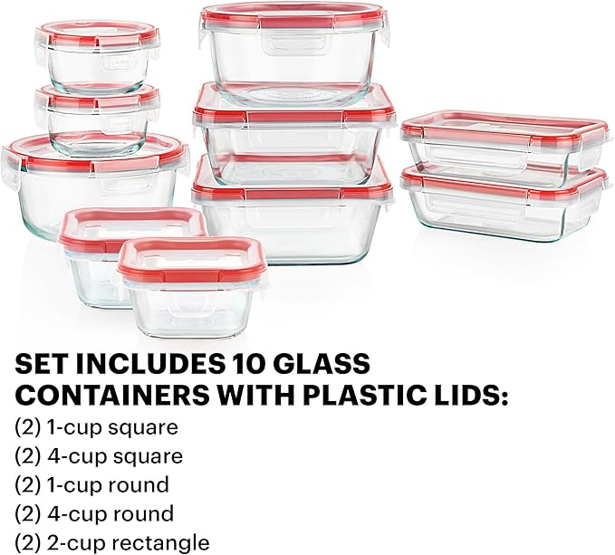 Pyrex Freshlock 10-Pack Mixed Sized Airtight Glass Food Storage Container Set, Non Toxic, BPA-Free Leakproof Locking Lids