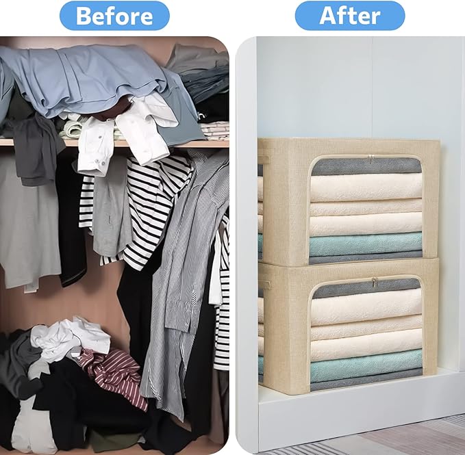 Extra Large Clothes Storage Bins - Linen Fabric Foldable Stackable Container Organizer Set with Clear Window & Carry Handles & Metal Frame - 2Pack Large Capacity for Bedding, Blankets, Books