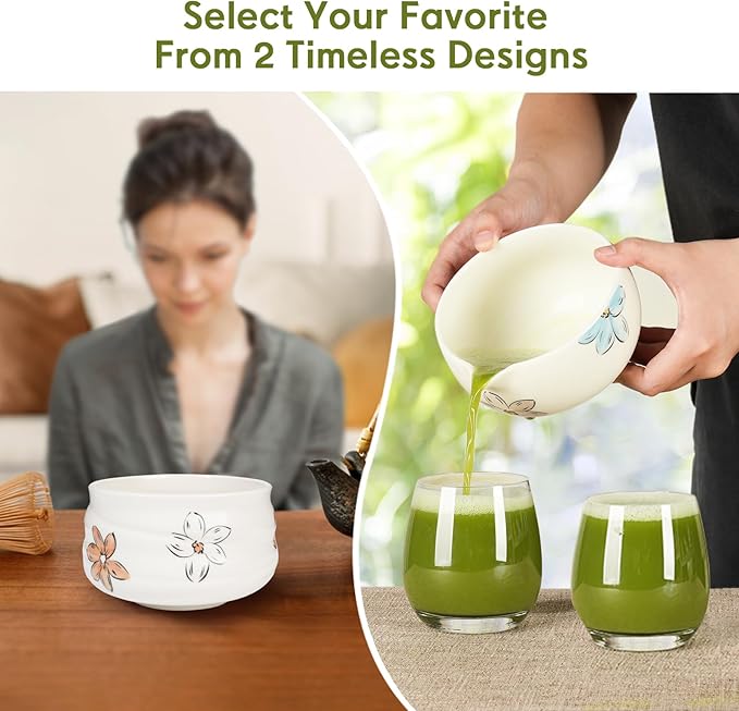 Matcha Whisk Set – Ceramic Matcha Set with Matcha Bowl, Matcha Whisk & Holder, Bamboo Scoop, Tea Towel – 5-Piece Japanese Matcha Kit for Matcha Lovers, Beginners & Gifting (Multicolor, 17oz)