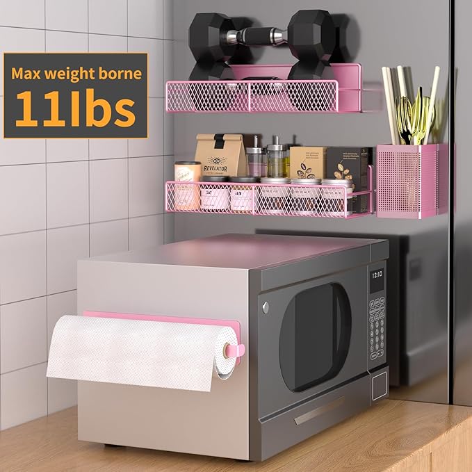 Magnetic Spice Rack for Refrigerator, 7 Pack 100% Metal Strong Magnet Shelf, Spice Organizer W/ Paper Towel Holder, Hook Rack, Utensil Caddy & Cutting Board Holder, Home Kitchen Organization (Pink)