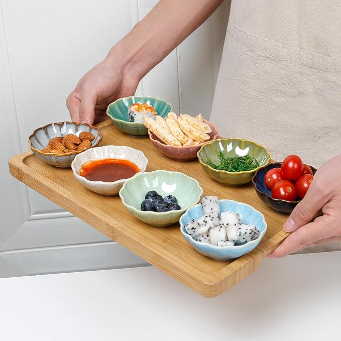 Dipping Bowls Set of 8, Ceramic Soy Sauce Dishes, 3 oz Dipping Sauce Cups, chrysanthemum Round Small Side Dish Dishes for Dipping Sushi Tomato Soy Sauce Dish Condiment Finger Bowls