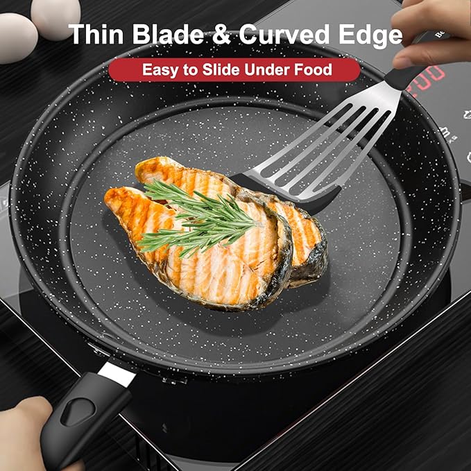 Beijiyi 2-Piece Fish Spatulas Silicone Heat Resistant, Kitchen Spatula Set for Non Stick Frying Pan, Slotted Flexible Fish Turner Cooking Utensils, Large 12.3 In, Small 10.6 In, Black Silicone Edge