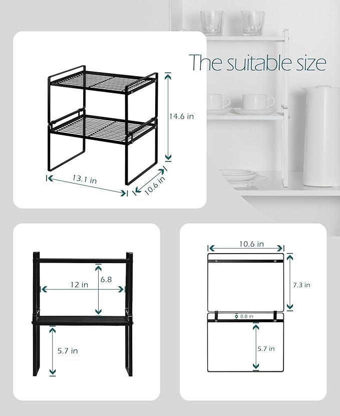 2Pack Kitchen Cabinet Shelf Counter Organizer Rack Pantry Storage Bathroom Bedroom Office Table Desk Space Saving Stackable Rust Resistant Non Slip Black Wide L13.1in W10.6in H7.3in