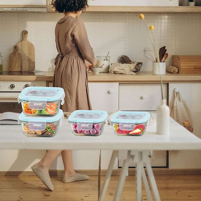 Glass Food Storage Containers with Lids Airtight 4 Pack, Glass Storage Containers with Lids for Food, Not Easy Broken & Leak Proof, Glass Containers with Lids for Oven/Dishwasher Safe, Blue