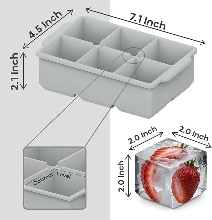 KitchFort Large Silicone Ice Cube Tray (3-Pack), Easy Release 2" Big Ice Cubes - Cocktail, Whiskey Ice Cubes Mold - Ice Trays for Freezer with Lid - Stackable Silicone Ice Tray - Gray