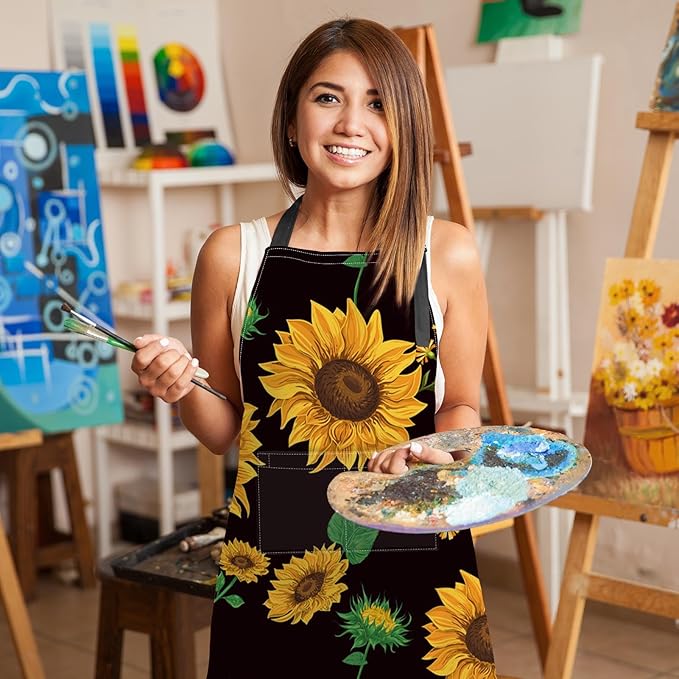 Britimes Apron Home Kitchen Cooking Baking Gardening for Women Men with Pockets Sunflowers Floral Flowers Leaf Vintage 32x28 inch