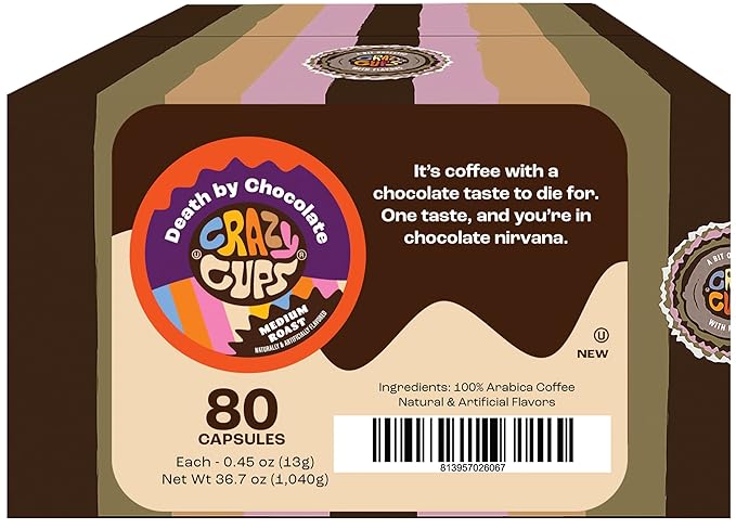 Crazy Cups Flavored Coffee for Keurig K-Cup Machines, Death By Chocolate, Hot or Iced Coffee, 80 Single Serve, Recyclable Pods(Pack of 1)