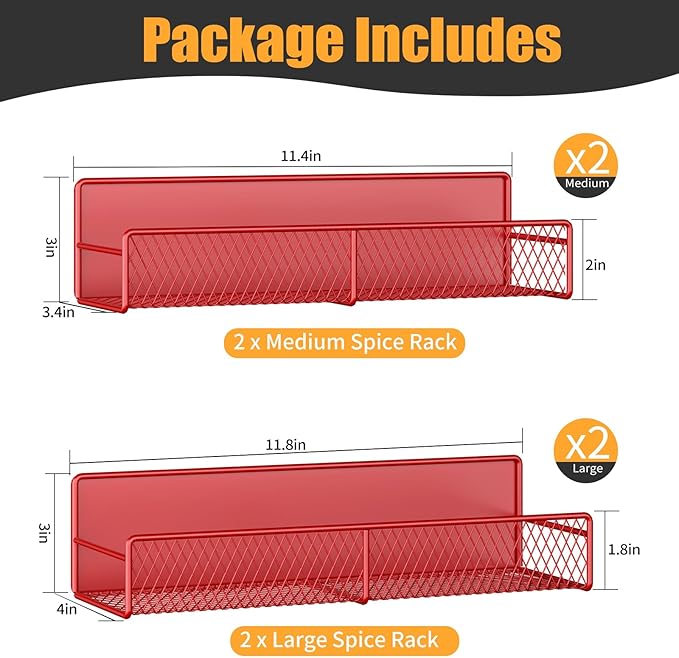 Magnetic Spice Rack for Refrigerator, 4 Pack 100% Metal Strong Magnet Fridge Shelves, Space Saving Spice Organizer, No Drilling Moveable Home Kitchen Laundry Room Storage Organization, Red
