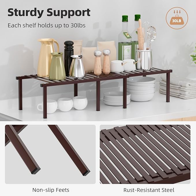 STORAGE MANIAC Set of 4 Expandable Kitchen Cabinet Organizer Shelf Kitchen Counter Shelves Spice Rack Kitchens Storage Wire Shelf Adjustable Metal Pantry Storage for Plate Dish, Brown