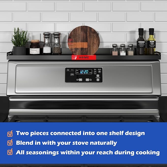 30" Magnetic Stove Top Shelf – Black Spice Rack with Red HOME Design – Seasoning Organizer for Back of Stove – Over Stove and Kitchen Storage Shelf