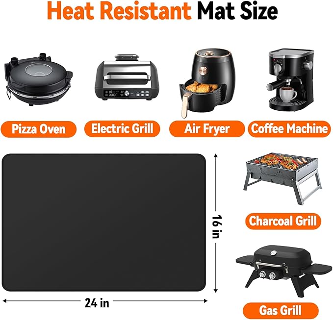 Heat Resistant Mat Under BBQ Grill, Fireproof Mat to Protect Outdoor Prep Grill Table, Waterproof & Oilproof BBQ Mats for Portable Charcoal, Gas Grills, Pizza Oven (Black,16 x 24in)