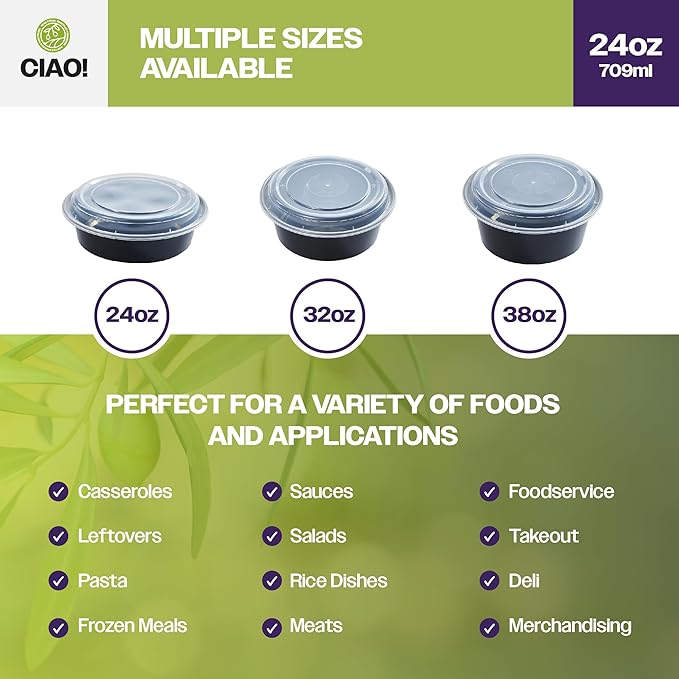 CIAO! 24oz Heavy Weight Injection Molded Microwavable Black Round Food Container with Lid (150/case)