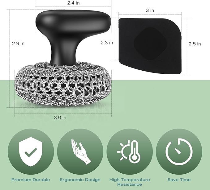 Cast Iron Scrubber | Dish Scrub Brush | 316 Cleaner Chainmail Scrubber for Cast Iron Pan Skillet Cleaner - Dish Scouring Pad Dishwasher Safe Cleaning Kit, Black 02