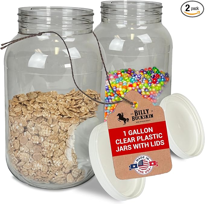 1 Gallon Large Plastic Jars with Lids (2 Pack) - Food Safe & Air Tight - Large Clear Plastic Containers with Lids - Wide Mouth Food Storage Jars - Kitchen & Pantry Organization by Billy Buckskin