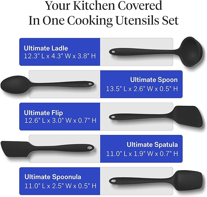 GIR: Get It Right 5-Piece Silicone Ultimate Kitchen Utensils Set - Ladle, Spatula, Flip, Spoon & Spoonula - Non-Toxic Cooking Utensils for Nonstick Cookware, Cooking and Baking - Black