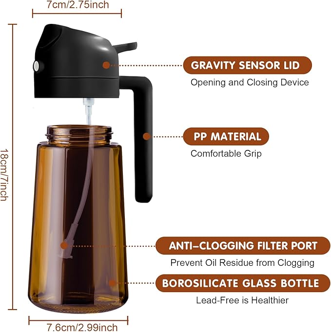 YARRAMATE 16oz/470ml Light Blocking Oil Sprayer for Cooking with Stickers, Food-Grade 2 in 1 Olive Oil Dispenser Bottle for Kitchen, Premium Dark Amber Glass Oil Bottle for Air Fryer, BBQ (Black)