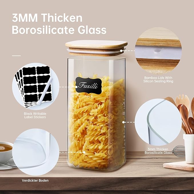 Square Glass Jars with Bamboo Lids [Muti Size Set of 5], Glass Canisters with Airtight Lids, Glass Food Storage Containers for Pasta, Cereal, Flour, Sugar, Best for Kitchen & Pantry
