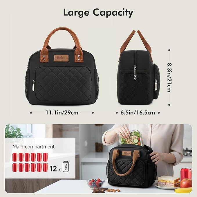 HOMESPON Lunch Bag for Woman Man Adults with Front Pocket Insulated Lunch Tote Lunch Box Container for Work Picnic or Travel(Black Side Pockets)