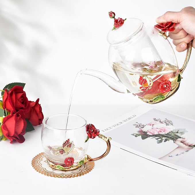 Enamel Glass Flower Tea Pot With Removable Loose Tea Leaf Infuser Tea Maker Teapot Set 30.4OZ Gifts for Women,Mom,Birthday