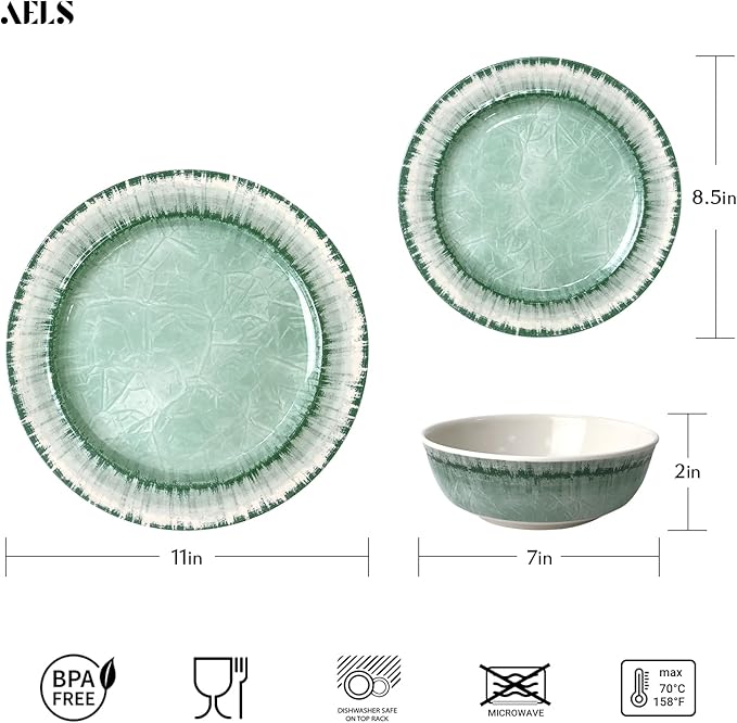 AELS Melamine Dinnerware Set of 18 Pcs Dinner Dishes Set, Lightweight Unbreakable for Indoor and Outdoor Use, BPA Free, Dishwasher Safe, Sage Green