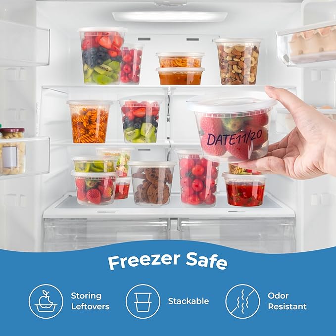 Fit Meal Prep 24 Pack 32 oz Deli Containers with Lids Variety Pack, US Made Leakproof Assorted Plastic Soup Containers, Combo Clear Food Storage Containers with Lids, Microwave Freezer Safe