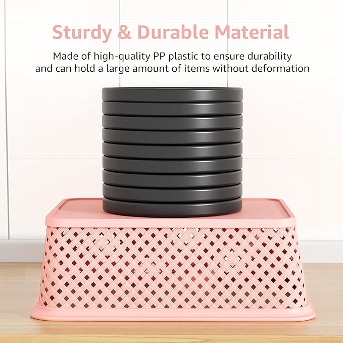 MaxGear Organization and Storage 3 Packs, Plastic Bins Organizer Bins, Woven Baskets for Storage, Plastic Baskets with Handles, Pink Basket for Organizing, Basket Organizer for Home and Office, Large