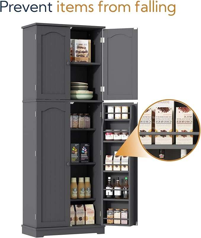 Yusong 64'' Grey Kitchen Storage Cabinet, Tall Pantry Cabinet with Doors and Shelves, 17 Cubic Feet, Freestanding for Kitchen, Dining, Living Room