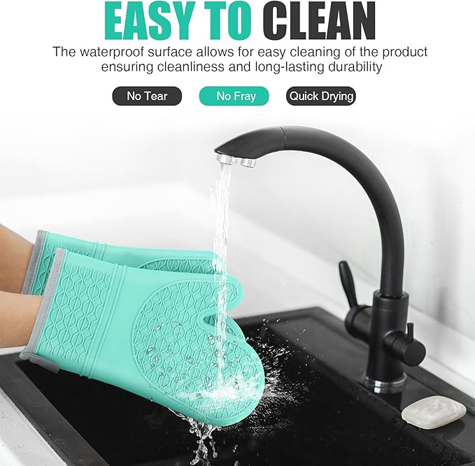 Silicone Oven Mitts, Heat Resistant 2PCS Oven Mitts with Soft Cotton Lining, Waterproof Non-Slip Grip Oven Glove, Kitchen Potholder Mits for BBQ, Baking, Cooking, 12.5 Inch - Green