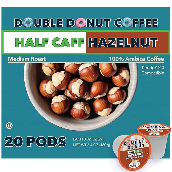 Double Donut Coffee Hazelnut Half Caff Coffee Pods, Single Serve Flavored Half Caffeine Coffee Pods For Keurig K Cup Brewers, Medium Roast, 20 Count