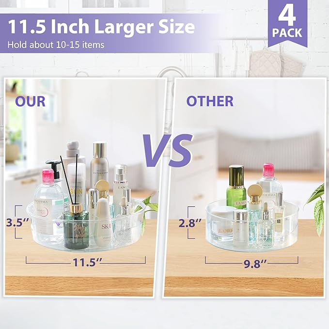 GUZON 4 Pack Lazy Susan Organizer for Cabinet, Upgraded 11.5" Clear Turntable Organizer with Handles and Raised Edge, Pantry Organizers and Storage for Kitchen, Refrigerator, Bathroom, Table