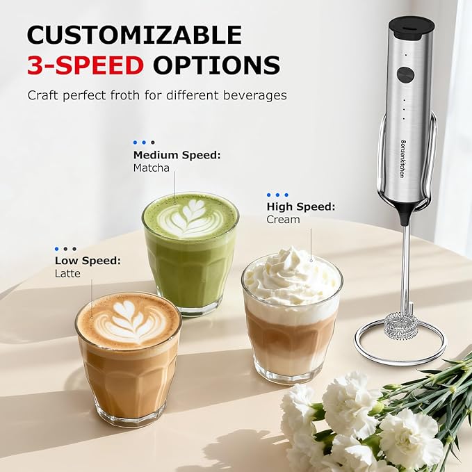 Bonsenkitchen Rechargeable Milk Frother with Stand, Handheld 3-Speed Coffee Frother, Dual Spring Whisk Electric Hand Frother Wand Drink Mixer for Matcha Lattes Cappuccino, Kitchen Gifts