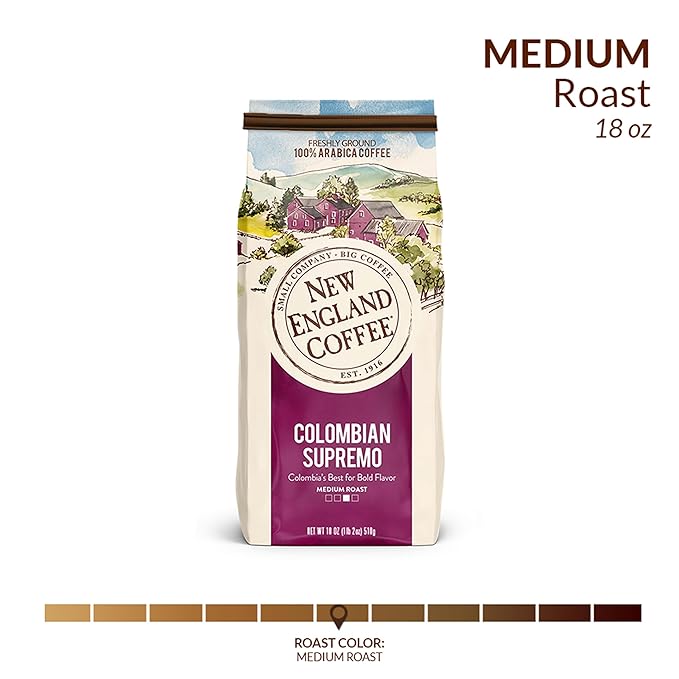 New England Coffee Colombian Supremo Medium Roast Ground Coffee, 18oz Bag (Pack of 1)