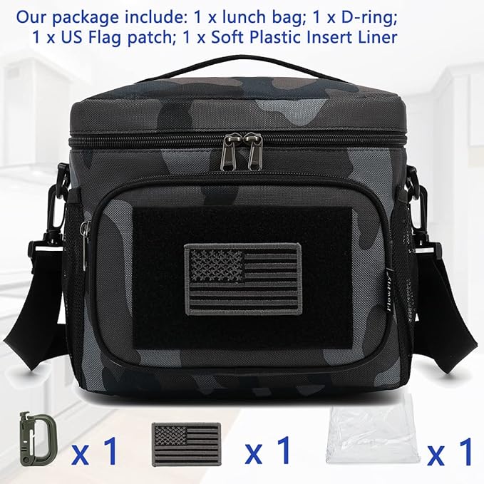 FlowFly Lunch Bag, Insulated Cooler, Thermal Lunch Box Tote with MOLLE/PALS Webbing, Adjustable Padded Shoulder Strap, for Tactical Men Women Adults and Boys Girls Kids (Black#Camo, Medium)