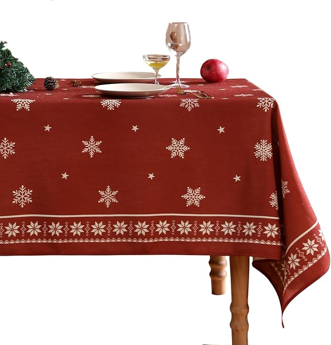 ISAENNE Designer Christmas Red Rectangular Tablecloth,Linen Table Cloth with Snowflakes Pattern,Wrinkle Resistant Decor Tablecloths for Dining Kitchen Thanksgiving Christmas,55"*87"-Carol C