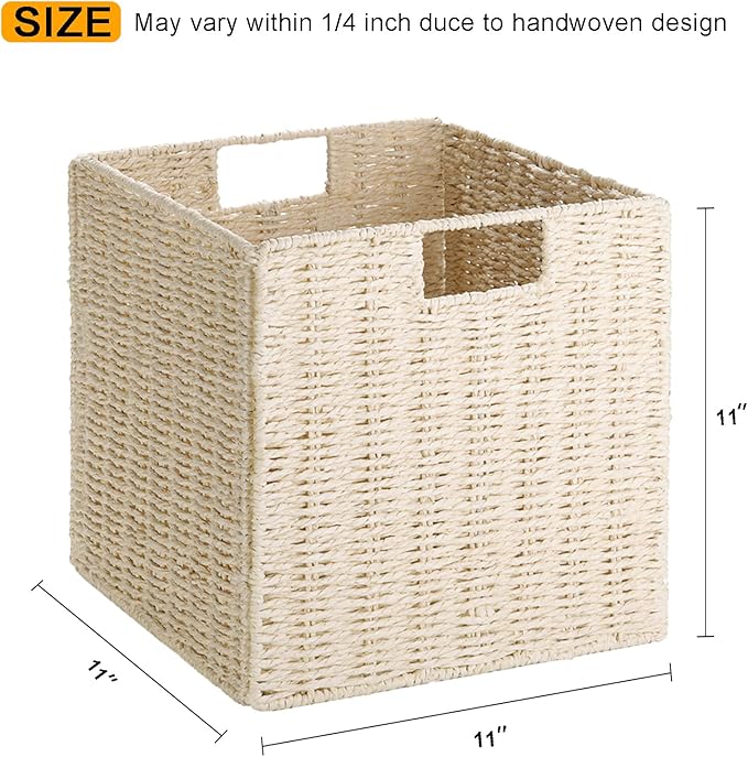 Vagusicc Wicker Storage Basket, Set of 2 Hand-Woven Paper Rope Storage Baskets, Foldable Cube Storage Organizer Bins, 11 Inch Wicker Storage Baskets for Shelves and Decor, Square Storage Basket, Beige