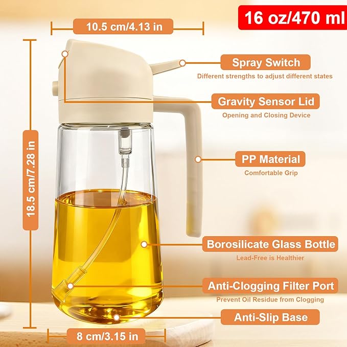 Glass Olive Oil Sprayer for Cooking, Oil Dispenser Bottle for Kitchen Gadgets, 2 in 1 Spray and Pour bottle, Home and Kitchen Essentials, Air Fryer Accessories for Salad, BBQ (16oz/470ml, White)