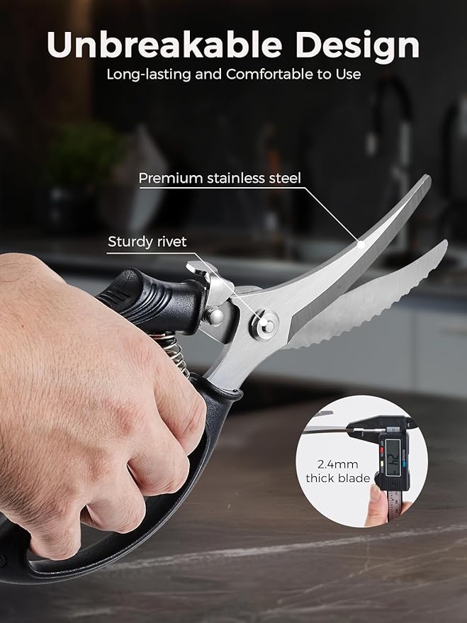 Poultry Shears, Heavy Duty Kitchen Shears With Anti-Slip Handle & Safety Lock, Poultry Scissors for Meat, Chicken, Bone,Turkey, Fish, Spring Loaded, Dishwasher Safe