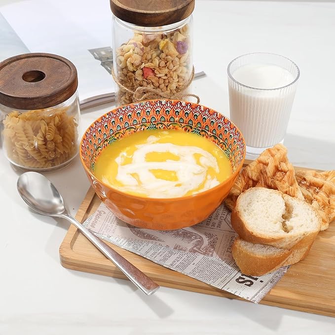 KitchenTour Cereal Bowls Set of 6, 26 oz Ceramic Soup Bowls for Kitchen, 6.4 Inch Colorful Serving Bowls for Oatmeal, Salad, Pasta, Dessert - Microwave & Dishwasher Safe