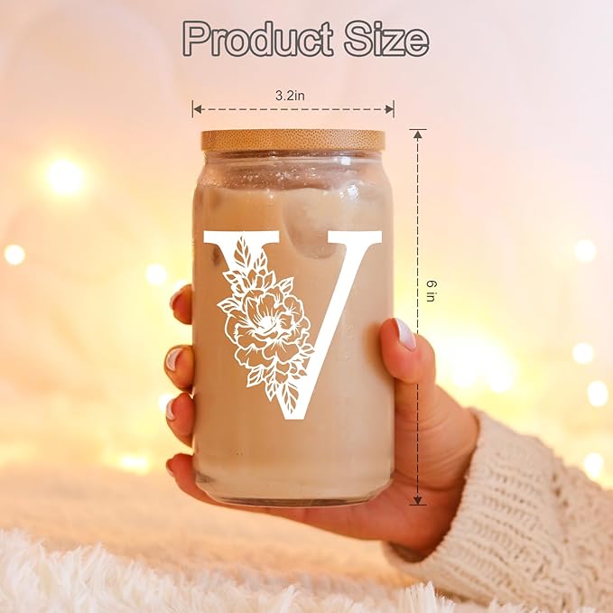 Coolife Initial Glass Cup, Monogrammed Gifts for Women, 16 oz Glass Cups w/Lids Straws, Iced Coffee Smoothie Beer Tumbler w/Straw Lid - Personalized Christmas, Birthday Gifts for Her Mom Friend Woman